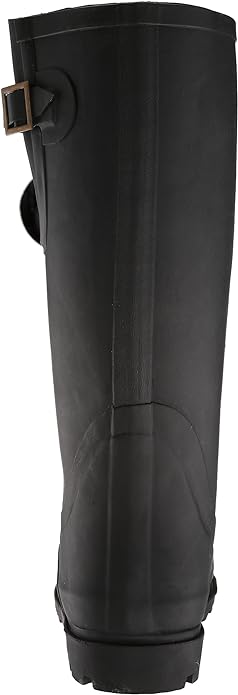 Rear view of men's black rubber boot showing adjustable buckle and gusset