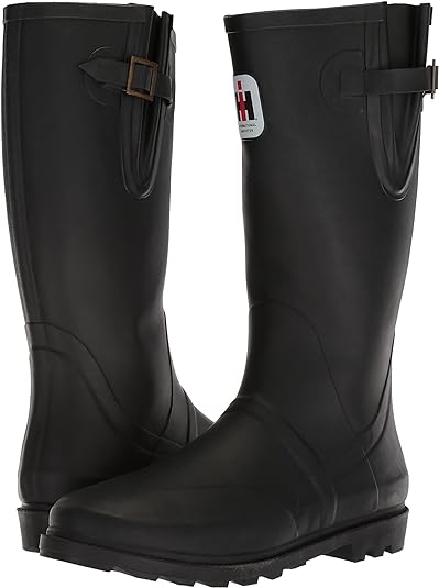 Pair of men's expandable calf rubber boots with adjustable buckles, front view