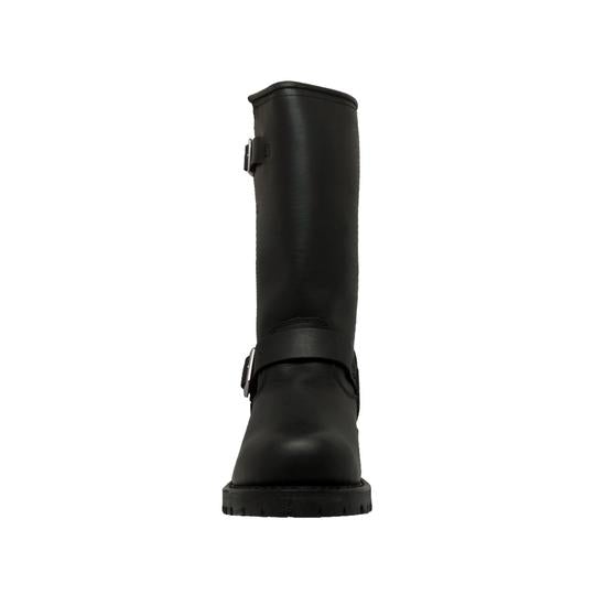 Side view of men's 11-inch engineer boot in black leather with buckle straps and low heel