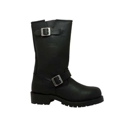 Side view of men's 11-inch black engineer boot with adjustable buckle straps and lugged sole