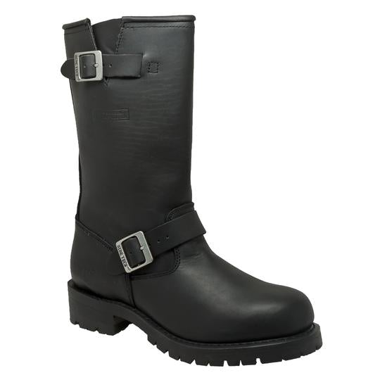 Angled view of men's 11-inch black engineer boot with adjustable buckle straps and thick lug sole