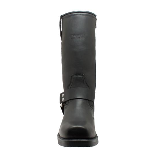 Front view of men's waterproof harness boot in black leather with harness strap and toe detail