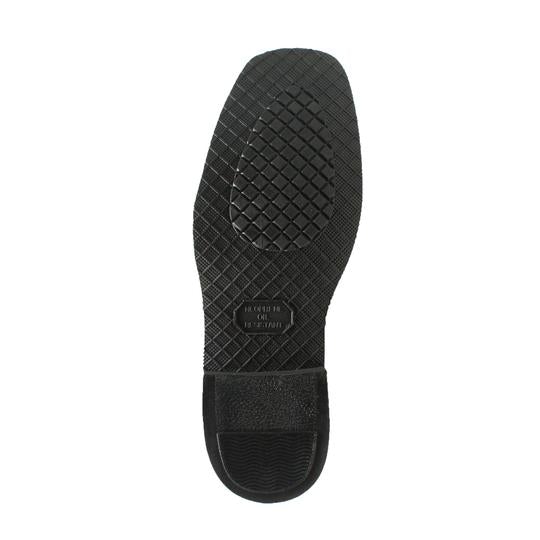 Bottom view of men's waterproof harness boot sole showing tread pattern and logo