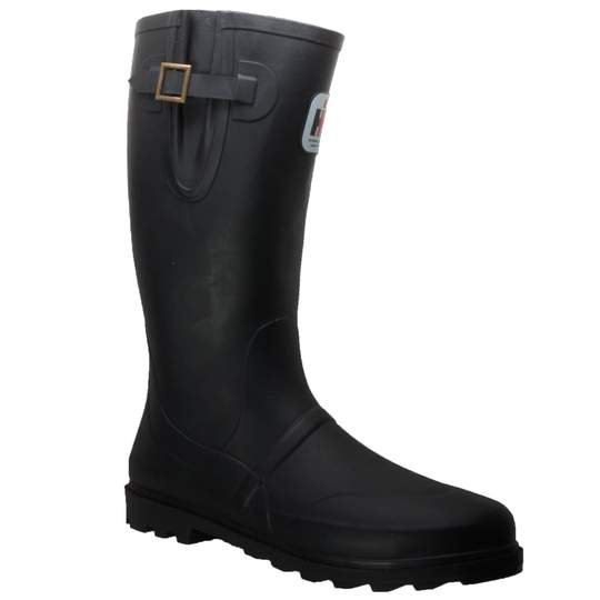 Side view of men's black rubber boot with adjustable calf buckle on white background